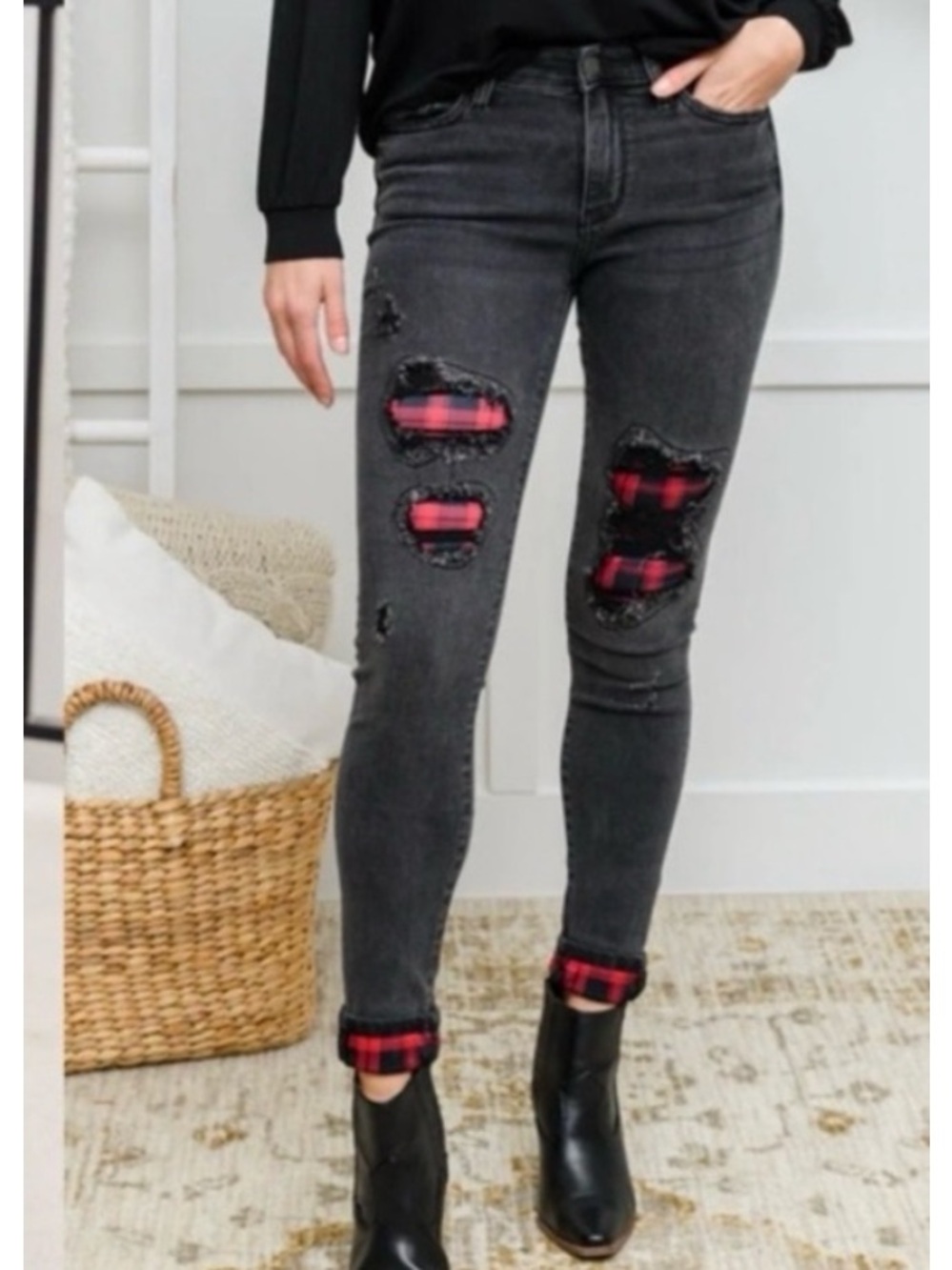 JUDY BLUE Buffalo Plaid Peek-a-Boo High Rise Skinny JEANS Charcoal Gray Black